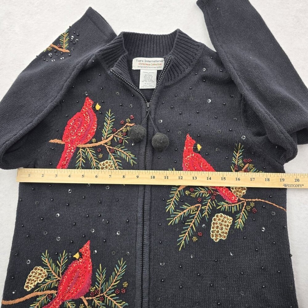 VTG Tiara International Christmas Zip Up Cardinal Cardigan Beaded Sweater Size M - Picture 7 of 8